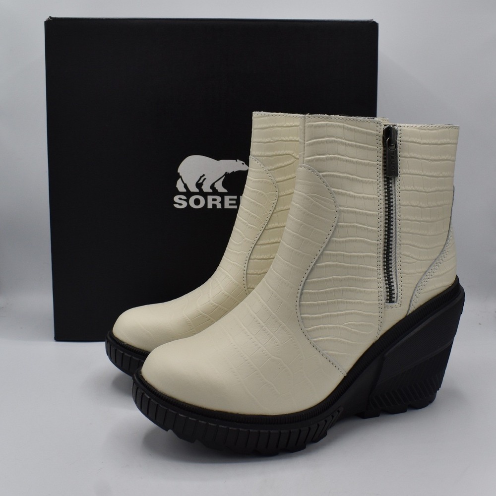 Sorel Women Size 9 ONA AVE Zip Wedge Croc Embossed Chalk Black Bootie Boot Shoes